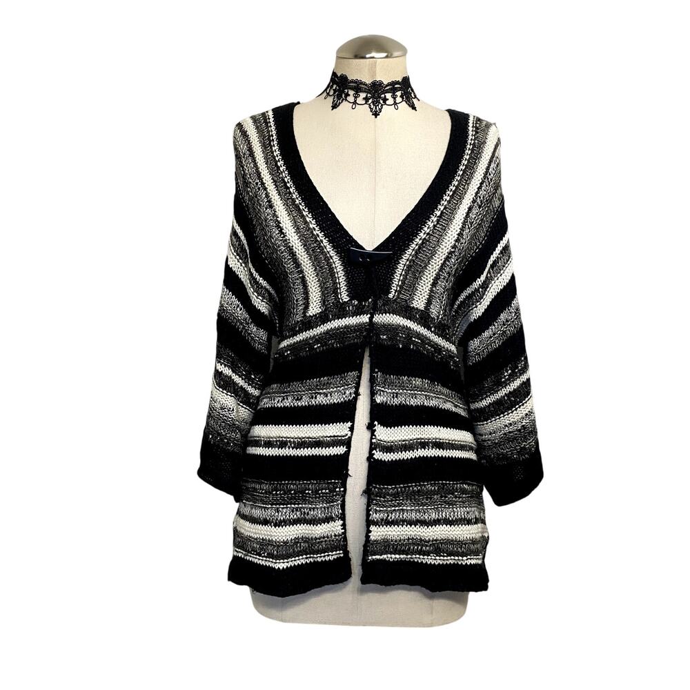 Coldwater Creek Black & White Striped Open Knit Cardigan